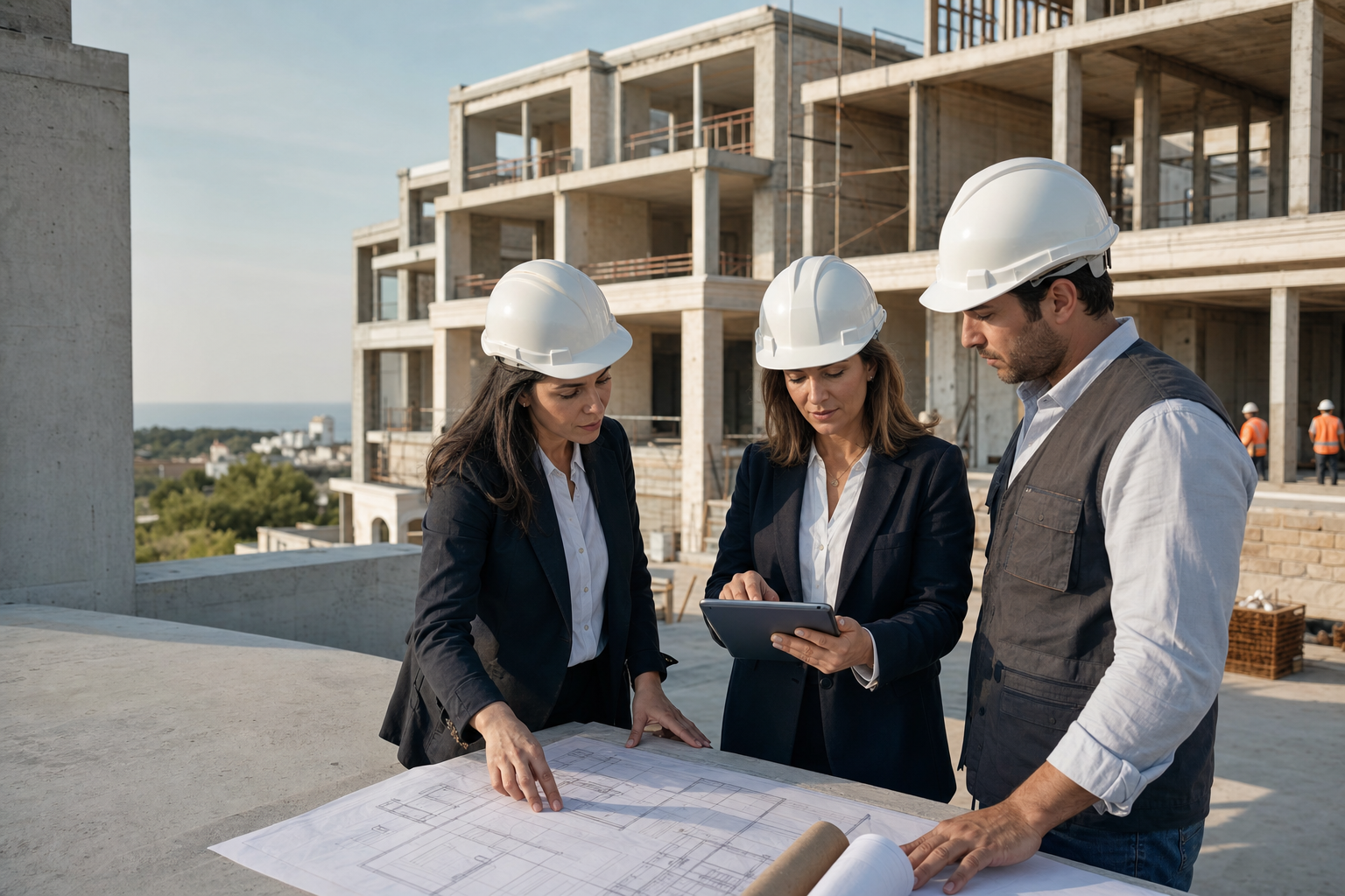 İnşaat sahasında proje planını değerlendiren proje yöneticisi ve teknik ekip