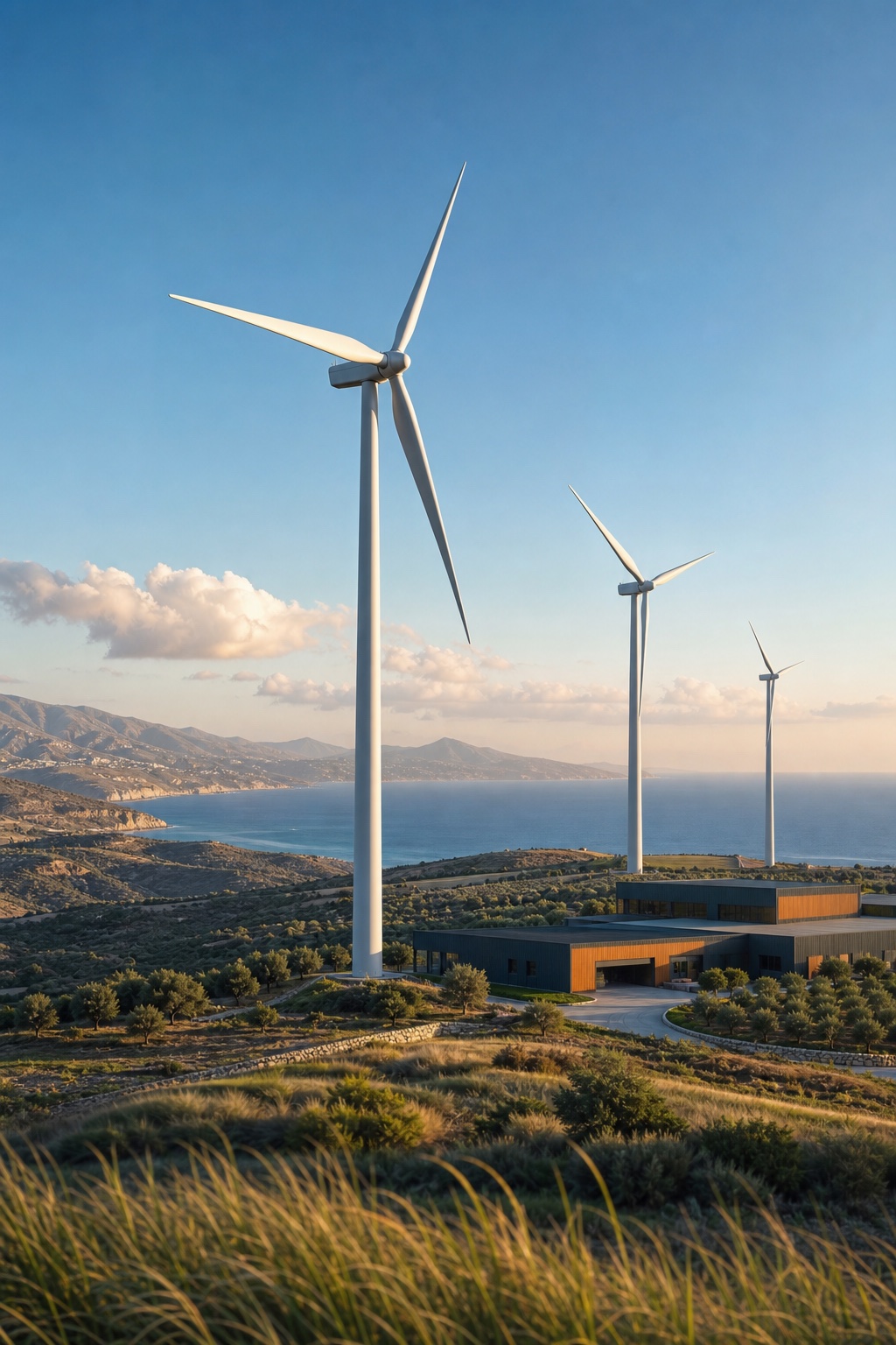 Akdeniz kıyısında sürdürülebilir enerji üreten rüzgar türbinleri